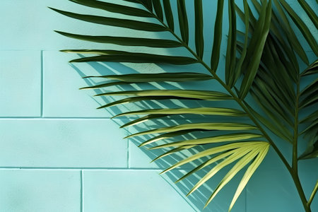 green palm leaf on a turquoise tile wall, 3d renderの素材