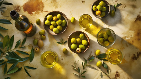 Green olives and olive oil on rustic background. Top viewの素材