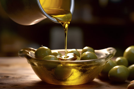 olive oil pouring into a bowl with olives on wooden tableの素材