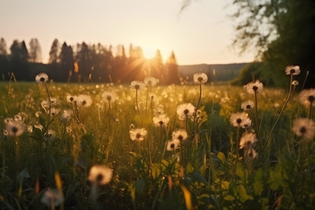 Field of dandelions at sunset in summer. Shallow depth of field.の素材