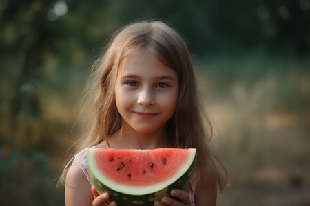 Cute little girl eating watermelon in the garden. Selective focus.の素材