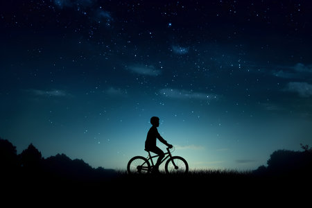 Silhouette of a cyclist at night against the background of the starry skyの素材