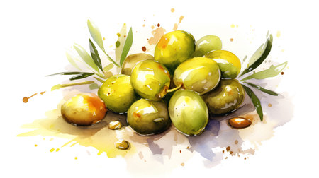 Watercolor illustration of green olives with olive oil splashes.の素材