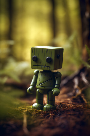 Vintage green robot in the forest. 3d render illustration.の素材