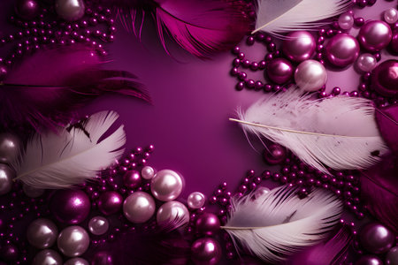 Frame of pink feathers, beads and pearls on a purple background.の素材