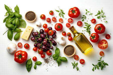 Fresh tomatoes and basil, olive oil and spices on white background.の素材