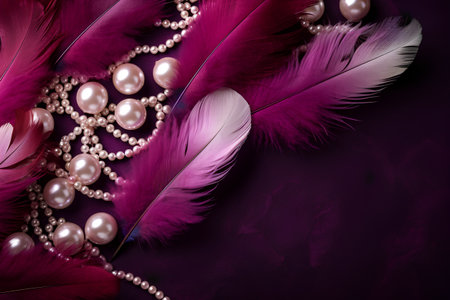 Beautiful pink feathers with pearls and beads on a dark background.の素材