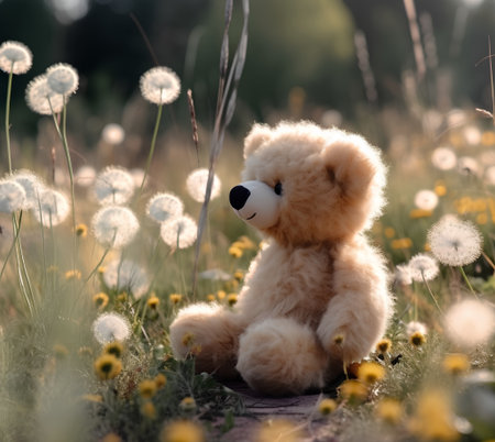 Teddy bear sitting on dandelion flower meadow at sunsetの素材