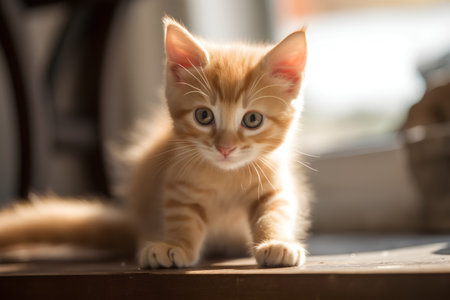 Little cute red kitten sitting on the windowsill and looking at cameraの素材