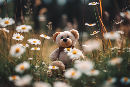 Teddy bear sitting on a meadow with daisies.の素材