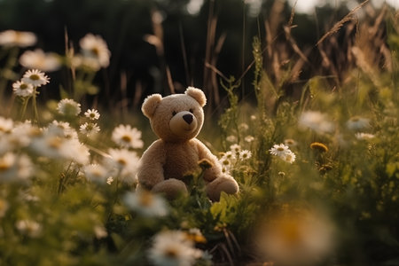 Teddy bear sitting in the field of daisies at sunsetの素材