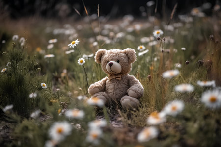 Teddy bear sitting in a meadow with daisies.の素材