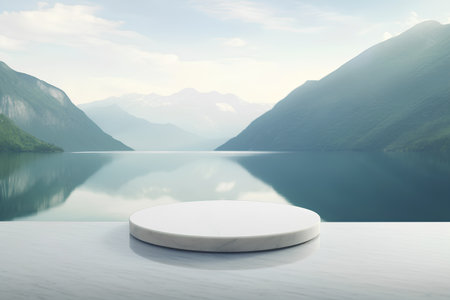 3d rendering of white round podium on the background of mountain landscapeの素材