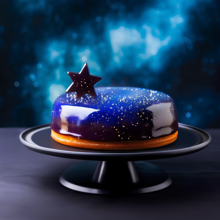 Blue glazed cake with star on top on dark background. 3d renderingの素材