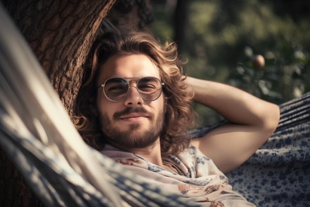 Young handsome man relaxing in hammock in the shade of a treeの素材