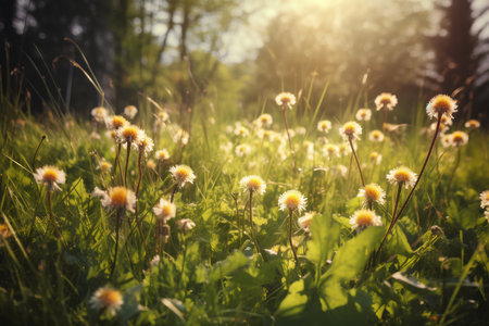 Spring meadow with dandelion flowers in the rays of the setting sunの素材