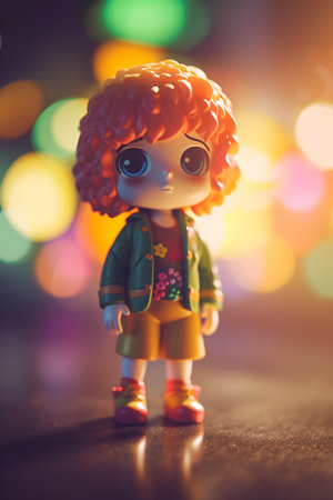 Cute little girl doll with colorful bokeh lights background.の素材