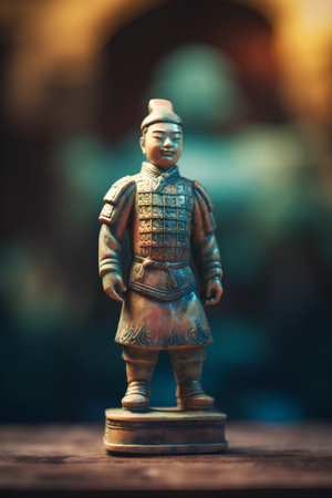 Statue of a Chinese soldier on a wooden table. Selective focus.の素材