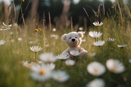 Teddy bear sitting in the meadow with daisies.の素材