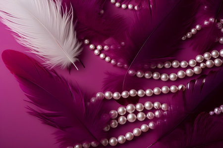 Beautiful feathers and pearls on a pink background. Flat lay, top view.の素材