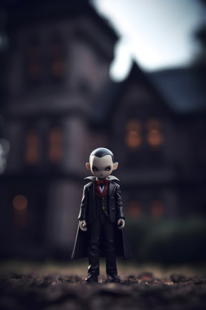 Lego minifigure in front of a haunted house. Studio shot.の素材