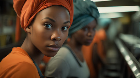 Portrait of a young African woman in a turban and orange clothes.の素材