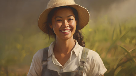 Portrait of a beautiful smiling woman with hat in the countryside.の素材