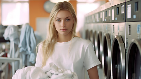 Portrait of a young woman looking at camera while standing in laundry.の素材