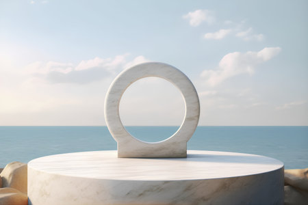 Round stone podium on the seashore. 3d render.の素材
