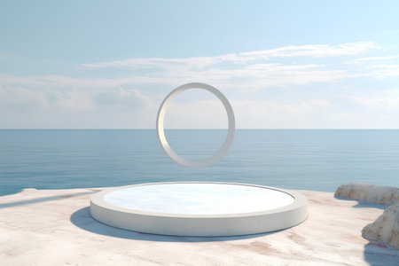 3d render of white round podium on the seashore backgroundの素材