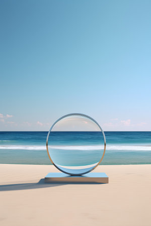 3d render of a crystal ball on the sandy beach and sea backgroundの素材