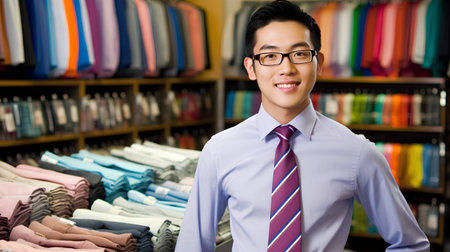 Portrait of a young asian businessman standing in a clothing storeの素材