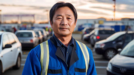 Portrait of confident asian worker standing in front of car parking lotの素材