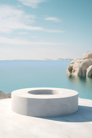 3d render of white stone podium on the beach with sea viewの素材