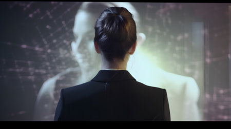 Back view of businesswoman in front of virtual screen with binary codeの素材