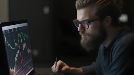Portrait of a handsome bearded man working on a laptop at nightの素材