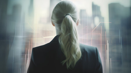 business, people and technology concept - close up of businesswoman looking at virtual screen over city backgroundの素材