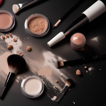 collection of make up and cosmetic beauty products arranged on black background, each one is shot separatelyの素材