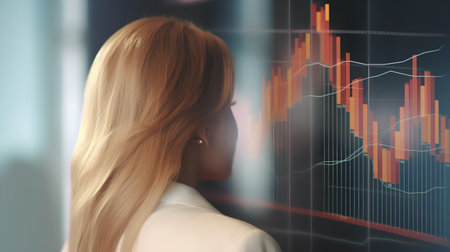businesswoman looking at forex chart on virtual screen. 3d renderingの素材