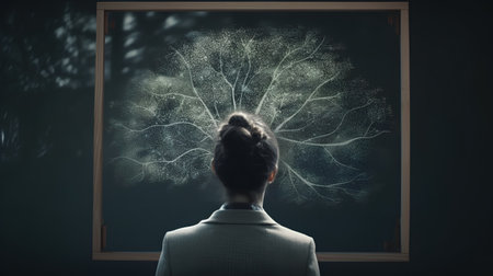Back view image of businesswoman looking at drawn tree on chalkboardの素材