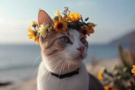 Cat with a wreath of flowers on the head on the beachの素材