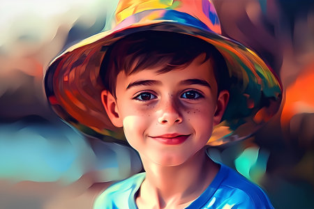 Portrait of a boy in a summer hat. Vector illustration.の素材