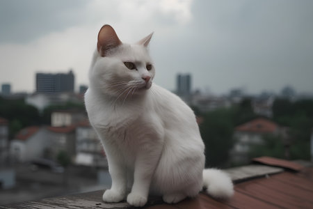 White cat sitting on the roof of the house and looking at the cityの素材