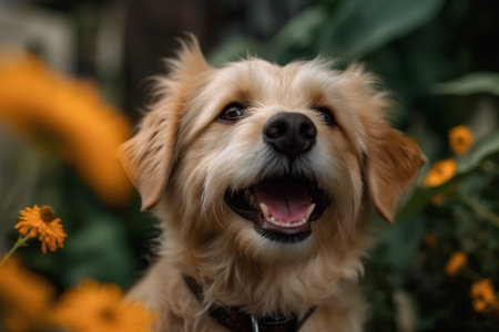 Portrait of a cute mixed breed dog with yellow flowers in the backgroundの素材