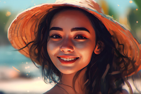 Portrait of a beautiful young woman in a straw hat on the beach.の素材