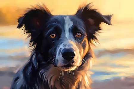Portrait of australian shepherd dog at sunset, digital paintingの素材