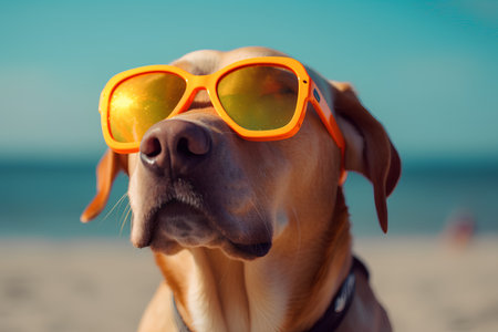 Labrador Retriever dog wearing orange sunglasses on the beach.の素材