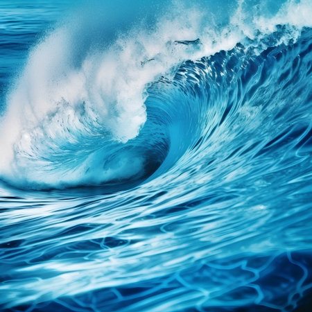 Blue ocean wave with water splashes and ripples close-upの素材
