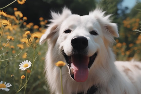 Portrait of a happy white dog in a field of flowers.の素材