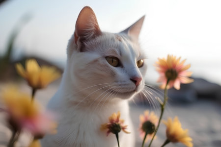 White cat with yellow eyes on the background of flowers on the beachの素材